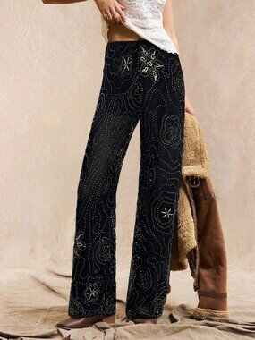 Black Casual Women's Beaded Pattern Loose Straight Leg Pants